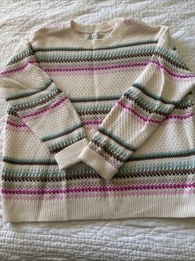 LOFT Cream Crewneck Sweater with Pink, Teal & Brown Stripes